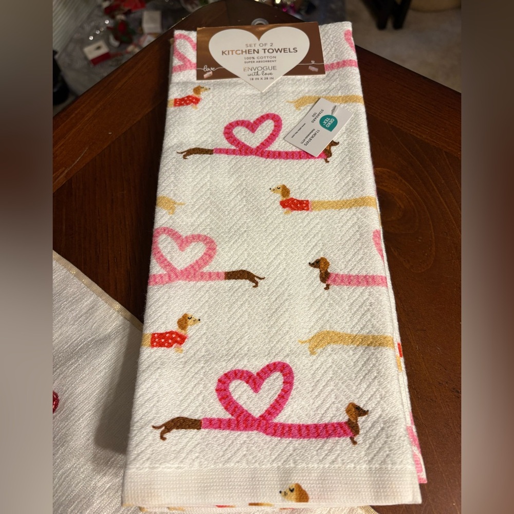Envogue Dachshund Heart Kitchen Towels - Pink, Brown, Cream